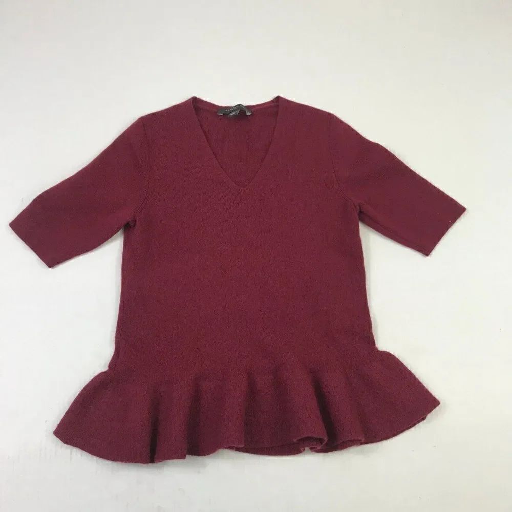 Ann Taylor Wool Blend Peplum Sweater Red V-Neck Elbow Short Sleeve XSP Petites